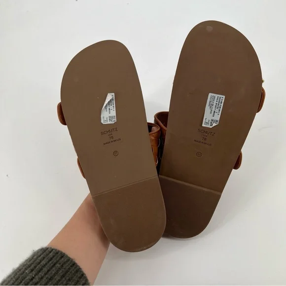 Schutz Enola Sporty Leather Brown Double Buckle Slip On Resortwear Sandals 7 - Picture 5 of 6